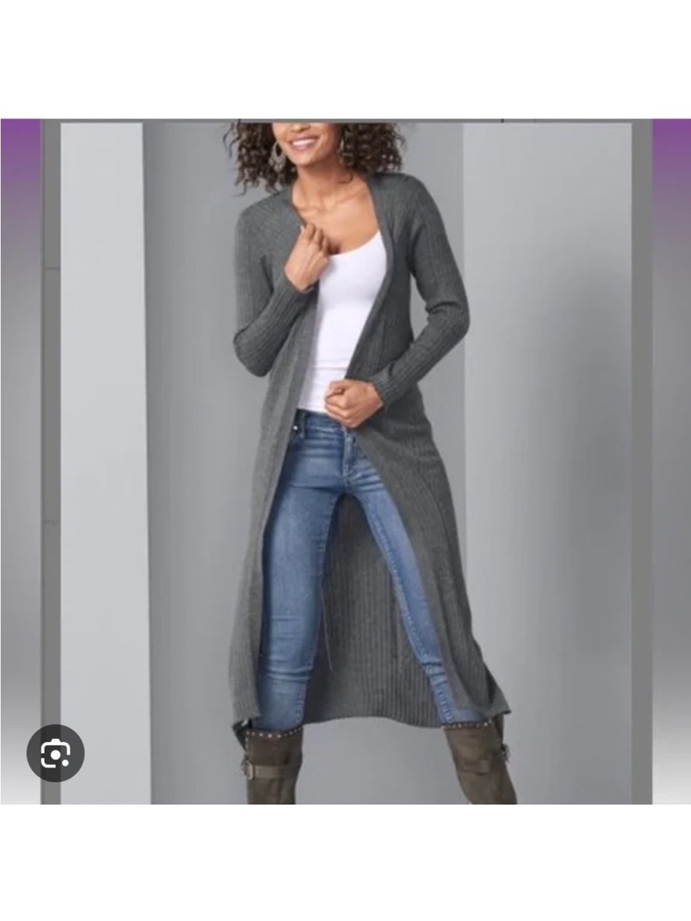 VENUS Long Ribbed Open-Front Cardigan Sweater - black